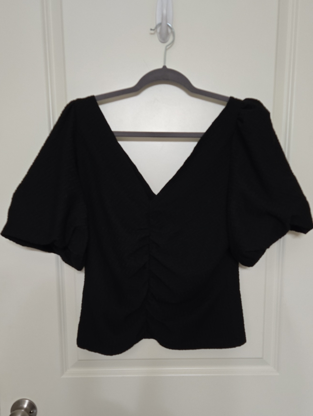 Free People Black V-Neck Ruched Puff Sleeve Top